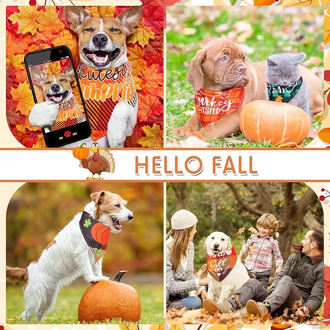 Sweetude 100 Pcs Fall Thanksgiving Plaid Dog Bandanas Bulk Thanksgiving Dog Scarf Bibs