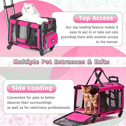 Airline Approved Pet Carrier with Wheels, Foldable Rolling Cat Dog Carrier with Wheels Telescopic Handle for Outdoor Vet Visits, Cat Carrier Travel Bag for Cat Dog Under 20 lbs, Pink