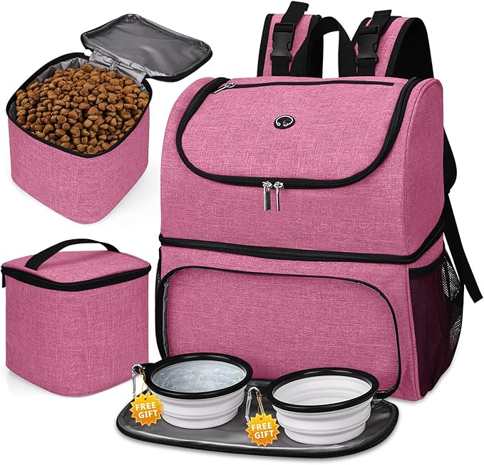 BAGLHER Pet Travel Bag, Double-Layer Pet Supplies Backpack (for All Pet Travel Supplies), Pet Travel Backpack with 2 Silicone Collapsible Bowls and 2 Food Baskets Pink