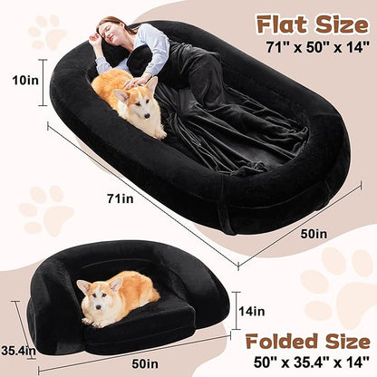 Yojoker Human Dog Bed for People Adults, 3 in 1 Giant Foldable Bean Bag Bed with Blanket, Washable Faux Fur Nap Floor Bed Adult for People, Pets Removable Large Memory Foam Human Sized Dog Bed Black