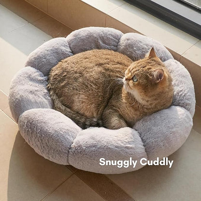 Cat Beds for Indoor Cats, Machine Washable Non-Skid, Fluffy Flower Cat Bed Cute, Anti Anxiety Dog Beds for Toy Size Dogs, 20 * 20 Inches, Grey