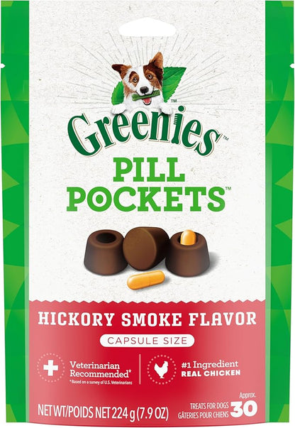 Greenies Pill Pockets for Dogs Capsule Size Natural Soft Dog Treats, Hickory Smoke Flavor, 7.9 oz. Pack (30 Treats)