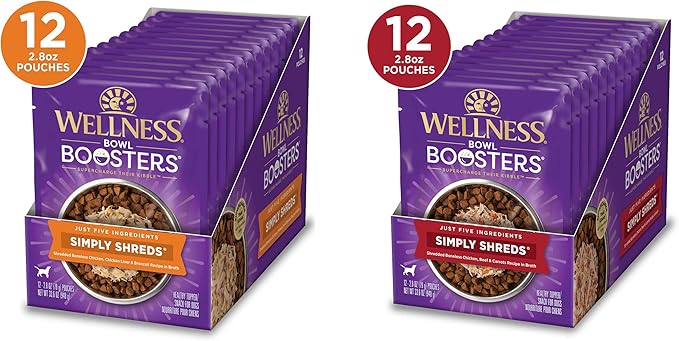 Wellness CORE Simply Shreds Natural Grain Free Wet Dog Food Mixer, Chicken, Beef & Carrots, 2.8 oz. Pouch (12 Nos) + Simply Shreds Wet Dog Food Topper, Chicken Liver & Broccoli, 2.8 oz. Pouch (12 Nos)