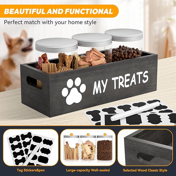 Dog Treat Jar for Countertop - Dog Treat Container with 3 Jars - Pet Food Organizer For Puppy - Airtight Grey Wooden Dog Treat Storage With Lids - Great Gift for Pet Dog Owners