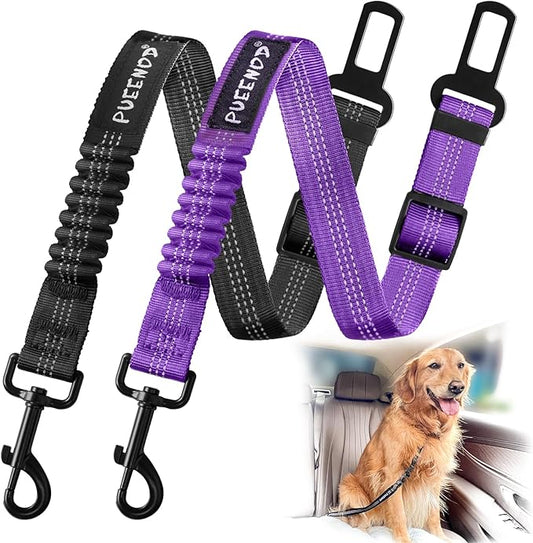 2 Pack Dog Seat Belt Adjustable Dog Car Seatbelts for Vehicle Nylon Pet Safety Seat Belt with Elastic Bungee Buffer Reflective & Durable Car Harness for Dogs (Black + Purple)