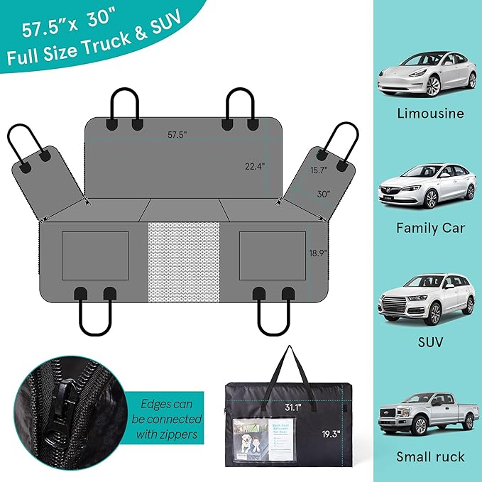 Dog Back Seat Extender，Hard Bottom Dog Car Seat Cover Holds 330lb，Waterproof Dog Hammock for Car Pet Backseat Protector with Mesh Window ＆ Storage Pocket for Car