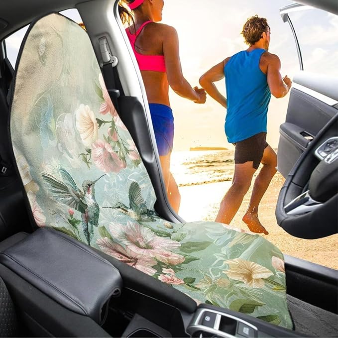 Hummingbird Floral Sweatproof Towel Car Front Seat Cover Non-Slip Bucket Seat Protector Easy to Install Universal Seat Cover for Car