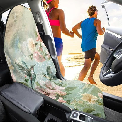 Hummingbird Floral Sweatproof Towel Car Front Seat Cover Non-Slip Bucket Seat Protector Easy to Install Universal Seat Cover for Car