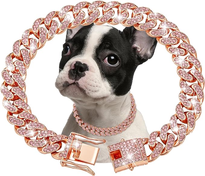 Rosegold Dog Chain Collar Diamond Cuban Link Dog 13mm Wide Cats(18inch)