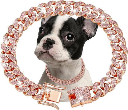 RoseGold Dog Chain Collar Diamond Cuban Link Dog 13mm Wide Cats(14inch)