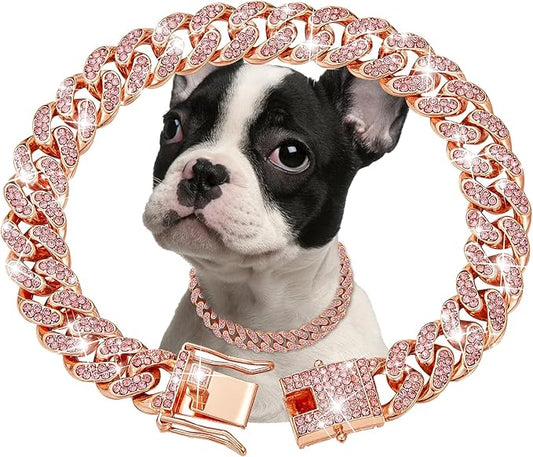 RoseGold Dog Chain Collar Diamond Cuban Link Dog 13mm Wide Cats(14inch)