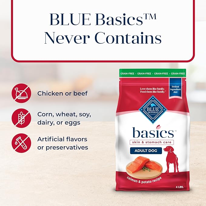 Blue Buffalo Basics Grain-Free Adult Dry Dog Food, Skin & Stomach Care, Limited Ingredient Diet for Dogs, Salmon Recipe, 4-lb. Bag