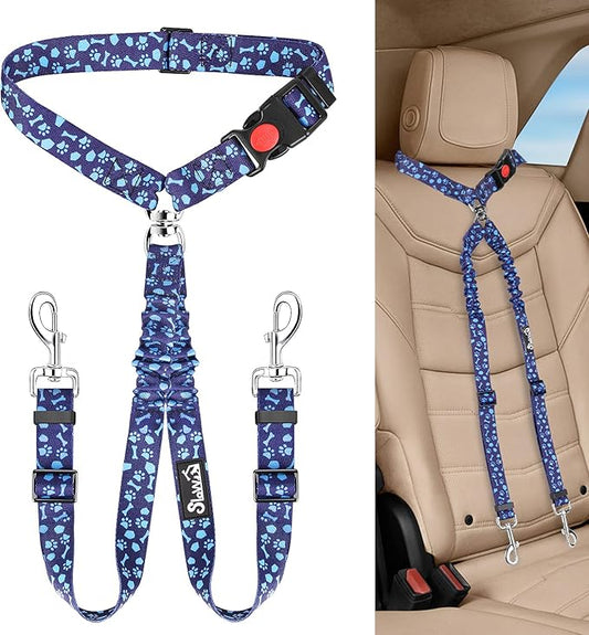 Lukovee Double Dog Seat Belt, New Dual Pet Car Headrest Restraint Safety Seatbelt No Tangle Dog Leash Duty Adjust Elastic Bungee Puppy Lead Splitter Connect Harness in Vehicle Travel for 2 Dogs (BL)