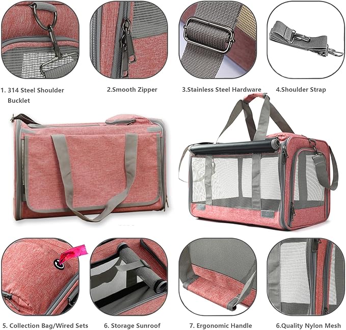 Pink Pet Carrier Handbag for Large Medium Cats,Puppy,Dogs Bag,Soft-Sided,5 Side of Air Mesh,Lighting,Large Space,Traveling,Outdoor,Party,18.5x12x12 inches