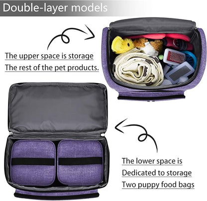 BAGLHER Pet Travel Bag, Double-Layer Pet Supplies Backpack (for All Pet Travel Supplies), Pet Travel Backpack with 2 Silicone Collapsible Bowls and 2 Food Baskets Purple