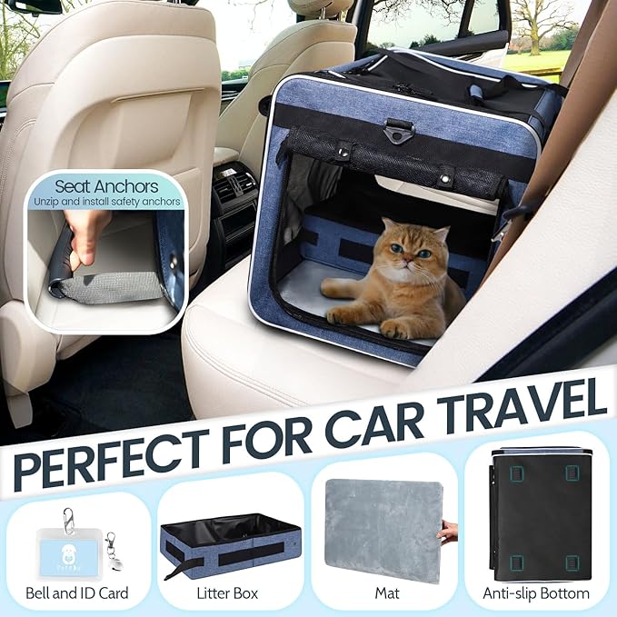 Petskd Extra Large Cat Carrier for 55LBS Pet Car Travel with Litter Box, 24"x17"x17" Soft Large Cats or Medium Dog Carrier with 5 Breathable Mesh Windows and Locking Zippers for Long Distance(Blue)