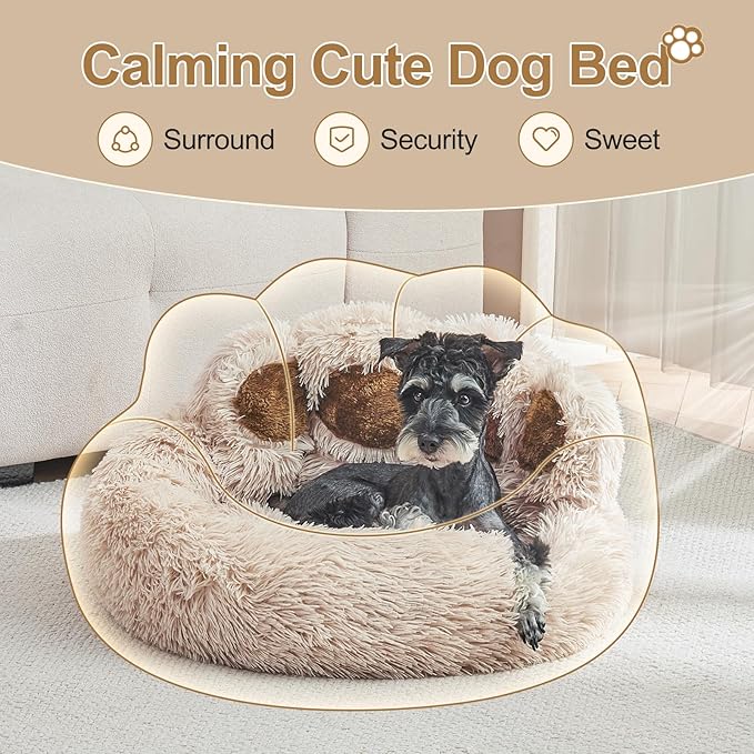 Jiupety Cute Round Calming Dog Bed of Paw Shape (32"×32"×10"), Camel.