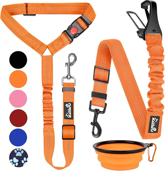 Lukovee Dog Seatbelt Leash for Cars, 2 Pack Pet Safety Car Seat Belt with Adjustable Buckle & Reflective Bungee, Connect Dog Harness in Vehicle Car Dogs Restraint Travel Daily Use (Orange)