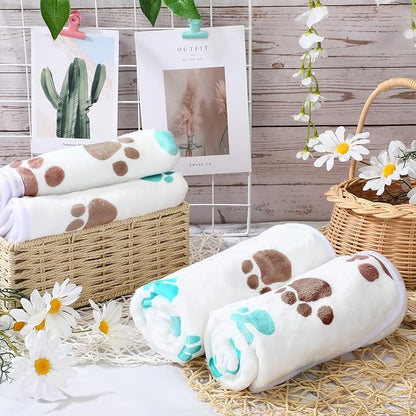 4 Pcs Pet Blanket Dog Puppy Blanket Paw Print Fleece Blanket for Small Medium Pet Dog Cat Warm Soft Sleep Mat Guinea Pig Cage Liners Blanket (Milky White,Small(24 x 16 Inch))