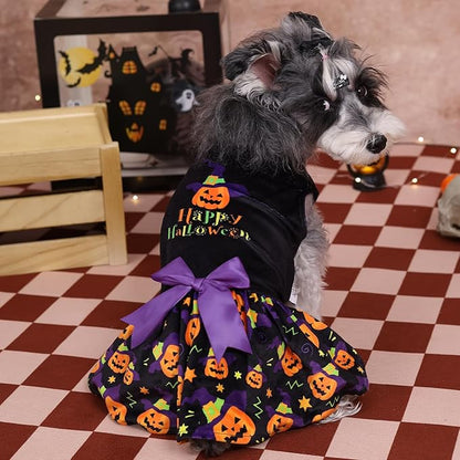 CuteBone Halloween Dog Dresses Velvet Holiday Small Dogs Clothes Onesie Pet Apparel Girl Puppy Skirt with Bow Hair Rope CVA41M-D