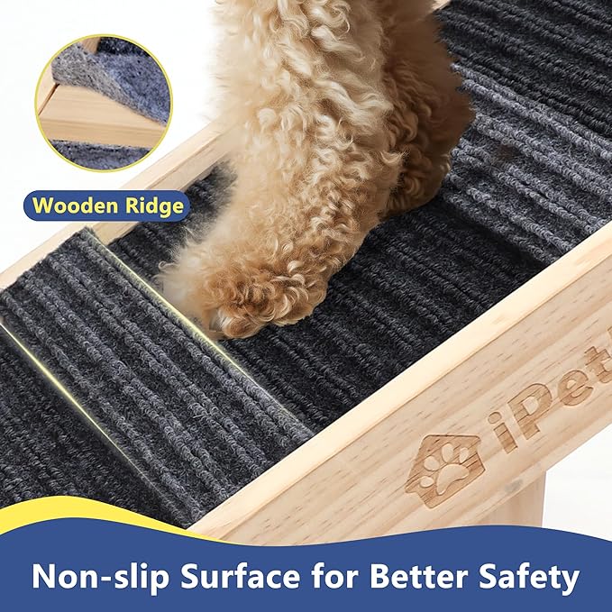 Wooden Folding Dog Ramp for Bed, Non-Slip Adjustable Pet Ramp for Couch for Small Medium Doggie 31.5" Long 4 Levels H9.5 to 18.5" with 5 Paw Traction Mat Cat Ramps for Car Sofa (Up to 40 Lbs)