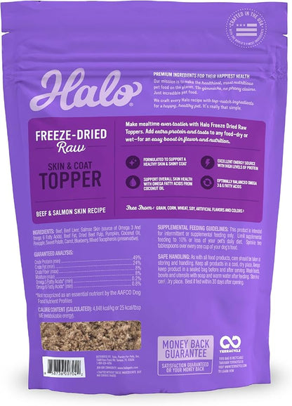 Halo Freeze Dried Raw Skin & Coat Topper, Beef And Salmon Skin Recipe, Raw, Real Meat Topper, All Life Stages, 1lb Bag