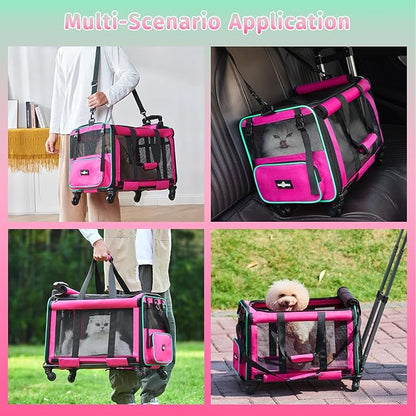 Airline Approved Pet Carrier with Wheels, Foldable Rolling Cat Dog Carrier with Wheels Telescopic Handle for Outdoor Vet Visits, Cat Carrier Travel Bag for Cat Dog Under 20 lbs, Pink