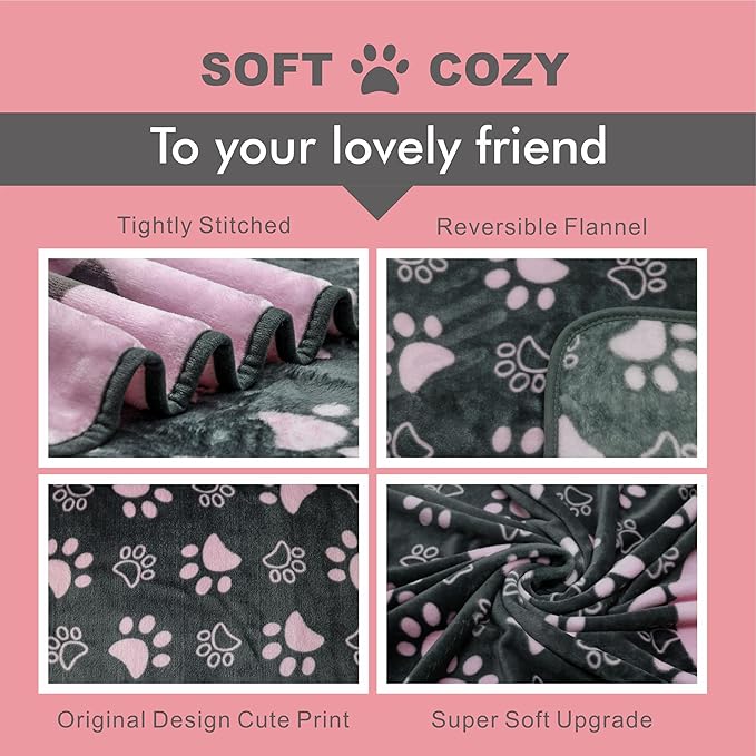 Gowyeg® Dog Blankets for Large Dogs, 2024 New Dog Cat Flannel Blankets Washable, Soft Pet Mat Throw Cover for Kennel Crate Bed, Cute Paw Pattern, Dog Blanket, Pet Blanket,GreyPink, 80x60 inch