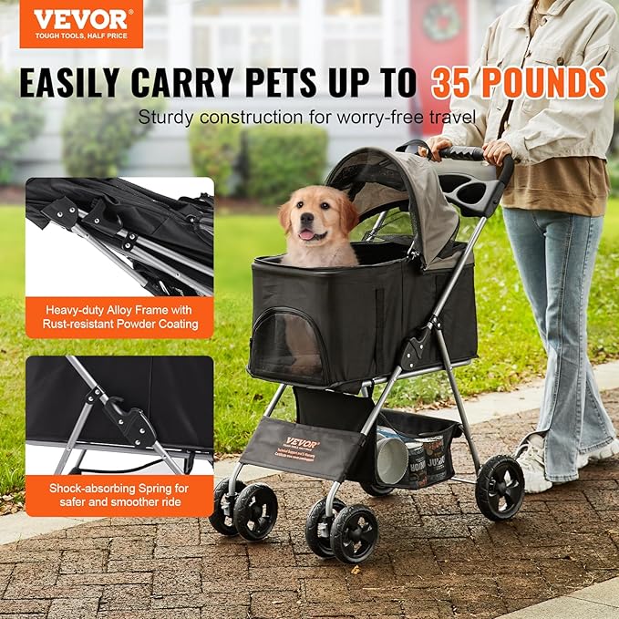 VEVOR 3 in 1 Dog Stroller For Medium Small Dogs Up to 35lbs 4 Wheels