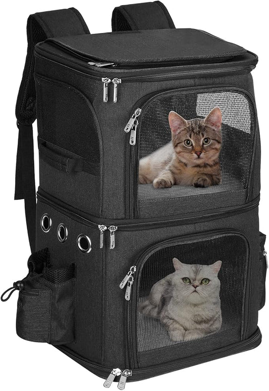 Double-Compartment Pet Carrier Backpack for Small Cats and Dogs, Cat Travel Carrier for 2 Cats, Perfect for Traveling/Hiking/Camping, Black