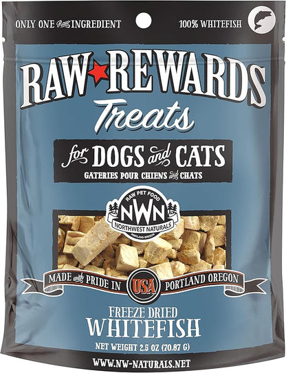 Northwest Naturals Raw Rewards Freeze-Dried Whitefish Treats for Dogs and Cats - Bite-Sized Pieces - Healthy, 1 Ingredient, Human Grade Pet Food, All Natural - 2.5 Oz (Packaging May Vary)