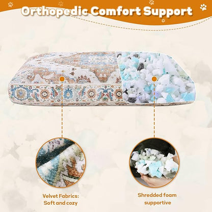 BALAPET Large Dog Bed Boho Style Soft Low-Pile Floral Dog Crate Beds High Density Foam Padded Pet Bed