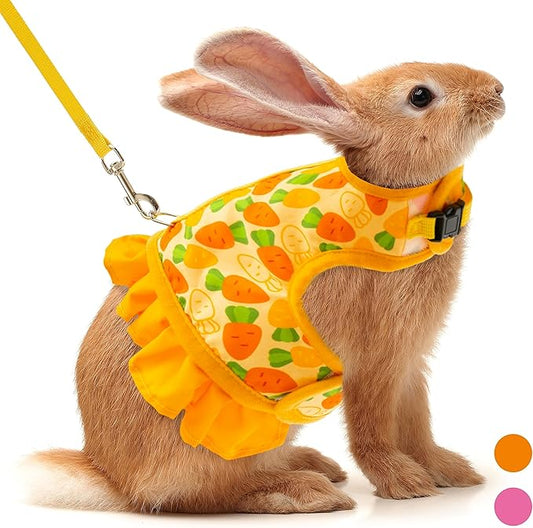 Rabbit Harness and Leash for Walking Escape Proof - Cute Carrot Pattern Mesh Breathable Bunny Vest Harness Outdoor Camping Hiking Training - Also Suit for Ferret Kitten Puppy Small Animals