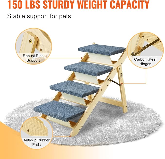 VEVOR Wood Pet Stairs/Pet Steps 2-in-1 Foldable 4 Steps 150 lbs