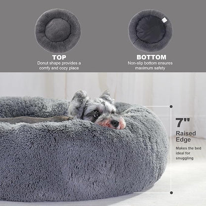 23" Calming Dog Bed,Anti Anxiety Donut Dog Bed,Plush Round Pet Beds for Small Dogs,Fluffy Faux Fur Cat Bed,Washable Cuddler Dog Bed(Dark Grey,Small)