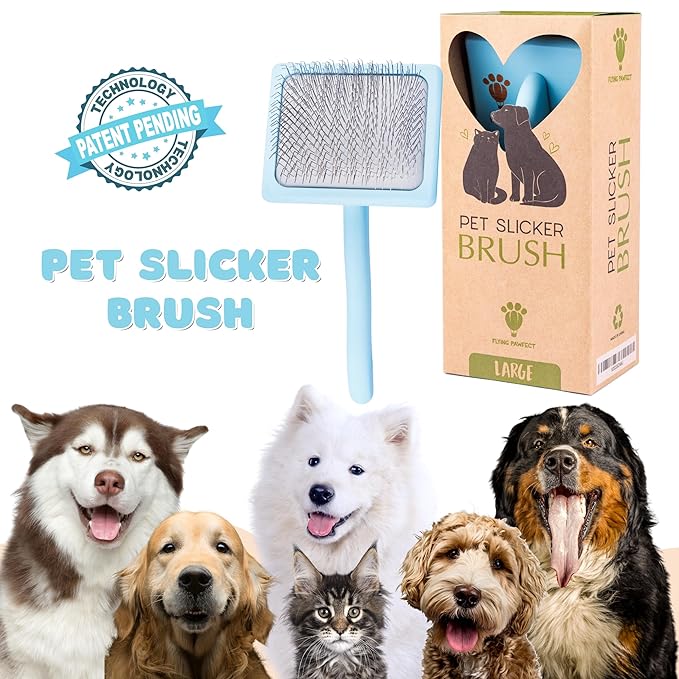 Pet Slicker Brush With Soft Massage Grooming Stainless Steel Pins - For Dematting, Shedding Fur, and Undercoat - Ideal Gift for Professional Pet Groomers - Long Slicker Brush - Flying Pawfect