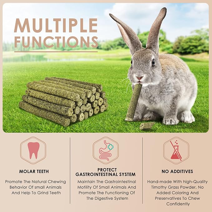 Bissap Timothy Hay Sticks for Rabbits 38PCS, Natural Timothy Grass Molar Teeth Stick Chew Toys for Bunnies Chinchillas Guinea Pigs Hamsters and Other Small Animals Treats