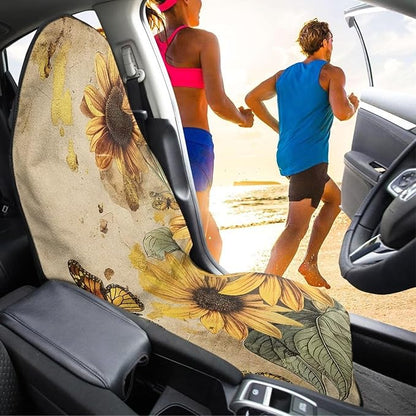 Vintage Sunflower Waterproof Towel Car Seat Cover Anti-Slip Bucket Seat Protector Washable Car Decro for Athletes