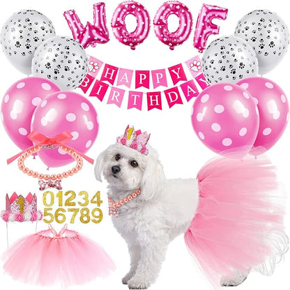 13 Pcs Dog Birthday Party Supplies Decorations Cute Dog Girl Birthday Bandanas Set Pink Tutu Skirt Dog Crown Hat Pearl Necklace Happy Birthday Banner 9 Pink Woof Paw Balloons Toy for Puppy Pet Cat Dog