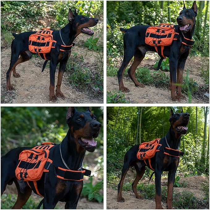 Large Dog Backpack, Outdoor Hound Saddle Bag Dog Pack with Side Pockets for Small Medium Large Dogs, Adjustable Tactical Dog Pack for Hiking, Travel, Camping, Training Orange L