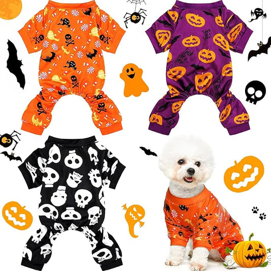 3 Pieces Halloween Dog Jumpsuit Pet Pajamas Clothes Skull Dog Puppy Rompers Bodysuit Halloween Theme Puppy Clothes Shirt Dog Apparel Jumpsuit for Pet Puppy Dog Cat (L)