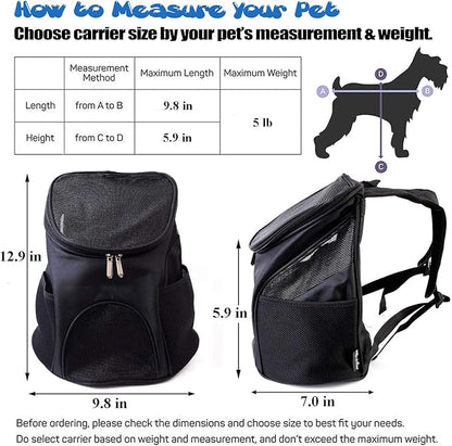 Dog Carrier Backpack Breathable for Small Pets/Cats/Puppies, Pet Carrier Bag with Mesh Ventilation, Safety Features and Cushion Back Support, for Traveling, Hiking, Camping, Walking & Outdoor, Black