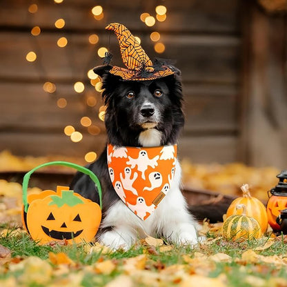 Halloween Dog Bandanas - 2 Pack Fall Dog Bibs | Reversible Pumpkin and Ghost Pet Scarf for Boys and Girls | Premium Durable Fabric | Orange Dog Bandana for Small and Medium Dogs (Small)