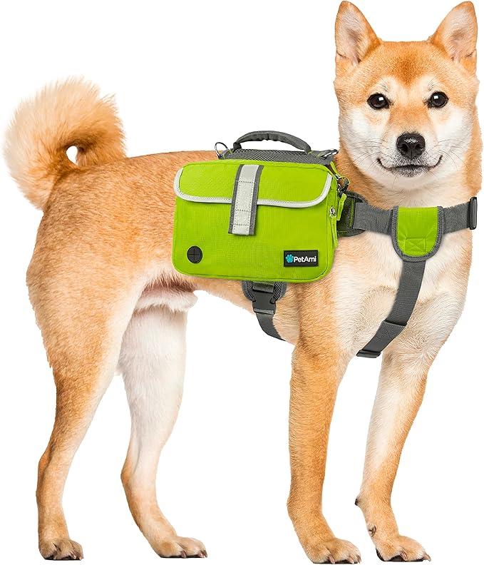 PetAmi Dog Backpack for Medium Large Dogs, Dog Saddle Bag for Dogs to Wear, Harness Saddlebag with Reflective Safety Side Pockets for Hiking, Camping, Vest Dog Pack for Travel (Green, Medium)