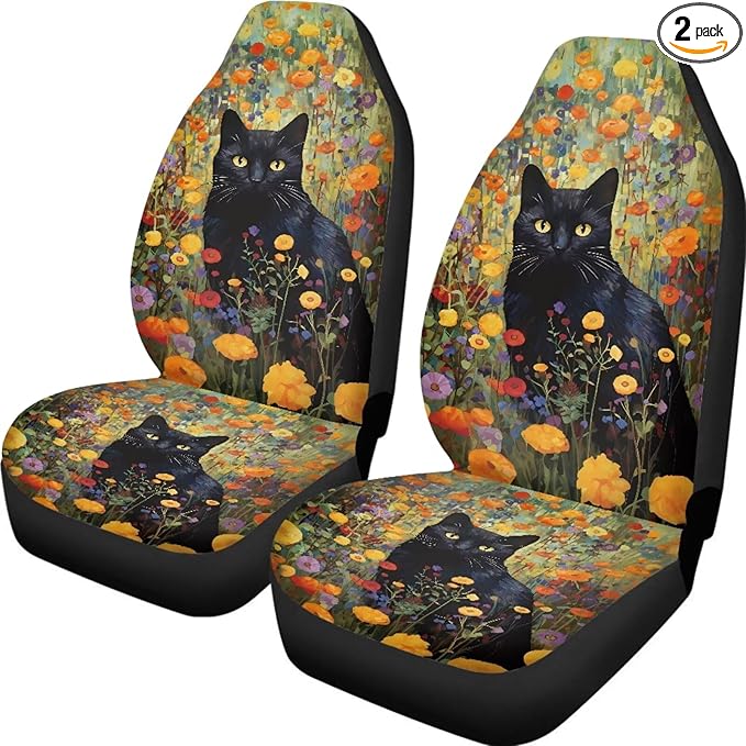 Black Cat Flower Car Seat Covers Front Seats Only Bucket Seat Covers Car Seat Covers for Women Universal Fit Automotive Seat Covers for SUV