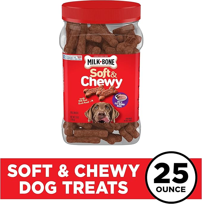 Milk-Bone Soft & Chewy Dog Treats, Beef & Filet Mignon Recipe, 25 Ounce Made with Real Chuck Roast