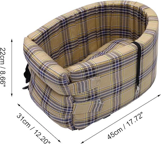 X AUTOHAUX Large Plaid Style Dog Car Seat Adjustable Straps for Medium Small Sized Puppy Cat Seat Pets Soft Non Slip Bottom Travel Bed Beige Yellow