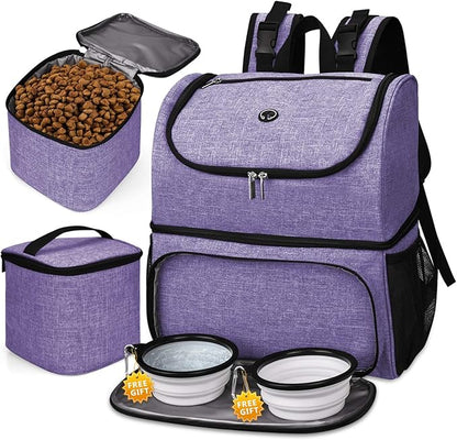 BAGLHER Pet Travel Bag, Double-Layer Pet Supplies Backpack (for All Pet Travel Supplies), Pet Travel Backpack with 2 Silicone Collapsible Bowls and 2 Food Baskets Purple