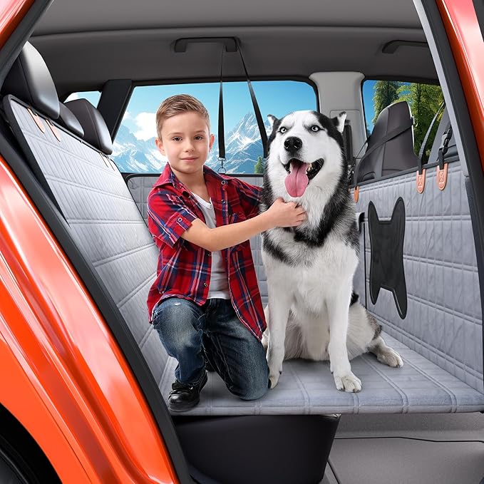 YoGi Prime Back Seat Extender for Dogs, 100% Waterproof Hard Bottom Dog Car Seat Cover, Dog Hammock for Car Travel Camping Mattress Bed, Pets Dog Seat Protector for Cars Trucks SUVs(Gray)