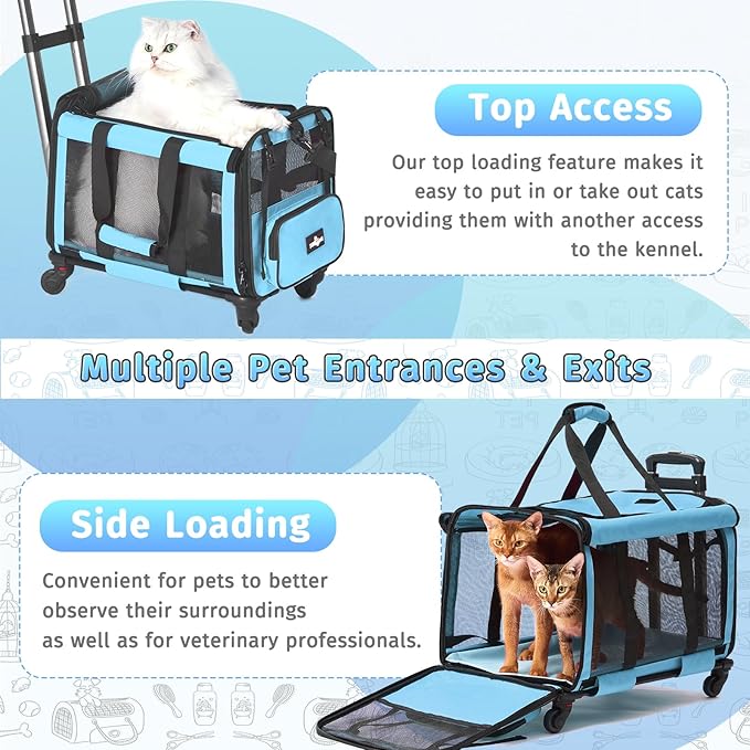 Airline Approved Pet Carrier with Wheels, Foldable Rolling Cat Dog Carrier with Wheels Telescopic Handle for Outdoor Vet Visits, Cat Carrier Travel Bag for Cat Dog Under 20 lbs, Blue